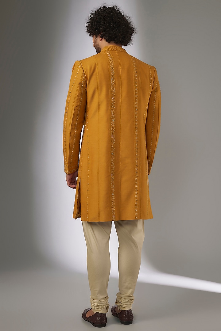 Orange Muga Silk Zardosi & Aari Hand Embroidered Indo-Western Jacket by OSAA By Adarsh Men at Pernia's Pop Up Shop