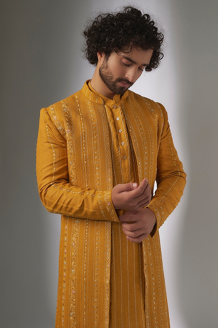 Orange Muga Silk Zardosi & Aari Hand Embroidered Indo-Western Jacket by OSAA By Adarsh Men at Pernia's Pop Up Shop