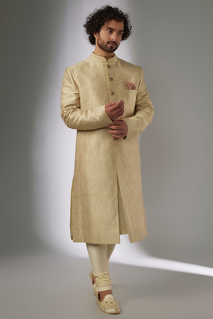 Beige Champagne Brocade Silk Badla Embroidered Groom Sherwani Set by OSAA By Adarsh Men at Pernia's Pop Up Shop