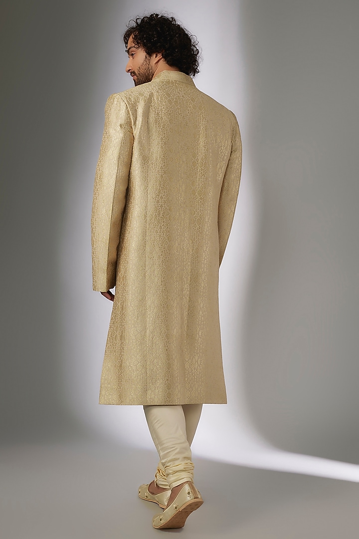 Beige Champagne Brocade Silk Badla Embroidered Groom Sherwani Set by OSAA By Adarsh Men at Pernia's Pop Up Shop