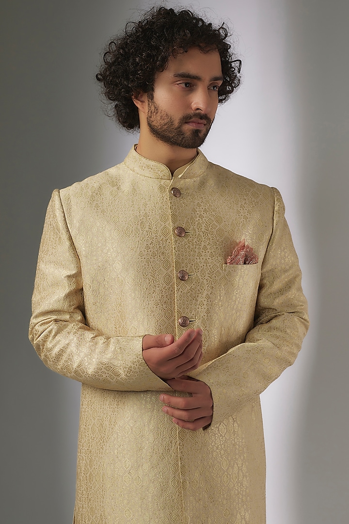 Beige Champagne Brocade Silk Badla Embroidered Groom Sherwani Set by OSAA By Adarsh Men at Pernia's Pop Up Shop