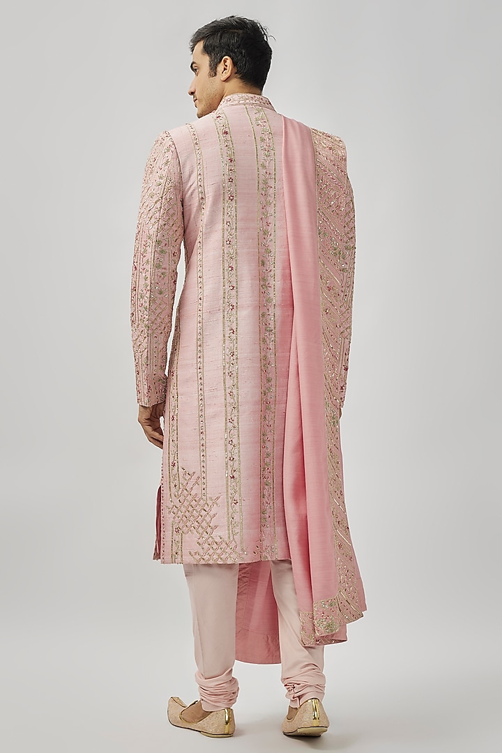 Flamingo Pink Raw Silk Zardosi & Aari Embroidered Groom Sherwani Set by OSAA By Adarsh Men at Pernia's Pop Up Shop
