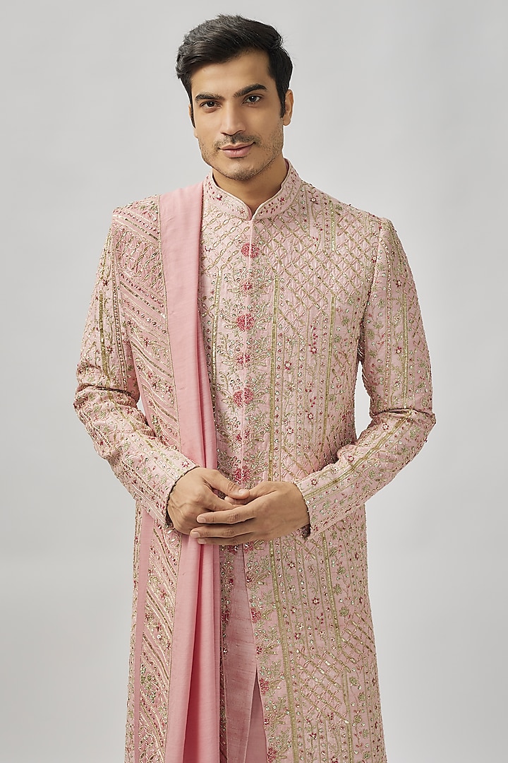 Flamingo Pink Raw Silk Zardosi & Aari Embroidered Groom Sherwani Set by OSAA By Adarsh Men at Pernia's Pop Up Shop