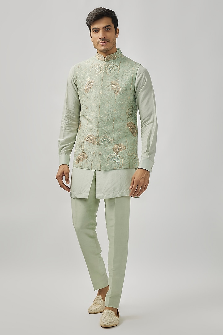 Cadet Blue Mulberry Silk Zardosi & Aari Embroidered Nehru Jacket Set by OSAA By Adarsh Men