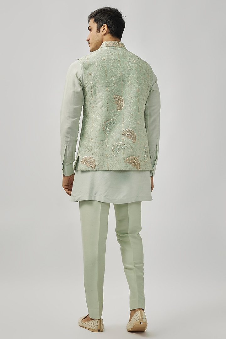 Cadet Blue Mulberry Silk Zardosi & Aari Embroidered Nehru Jacket Set by OSAA By Adarsh Men at Pernia's Pop Up Shop
