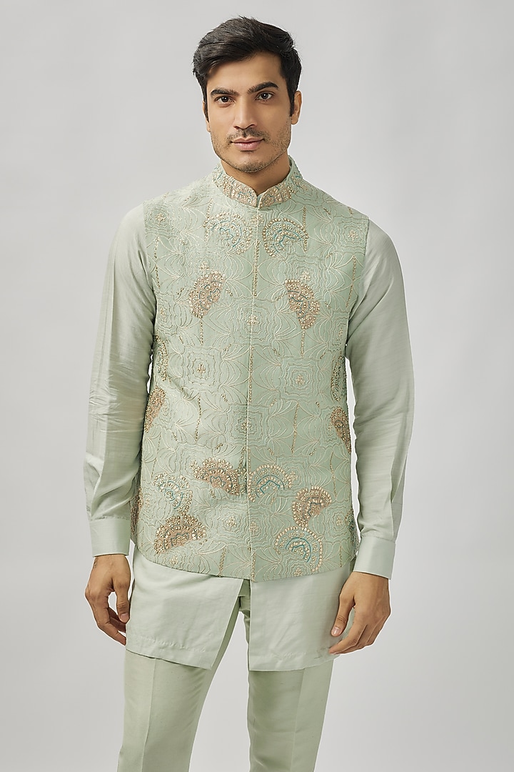 Cadet Blue Mulberry Silk Zardosi & Aari Embroidered Nehru Jacket Set by OSAA By Adarsh Men at Pernia's Pop Up Shop