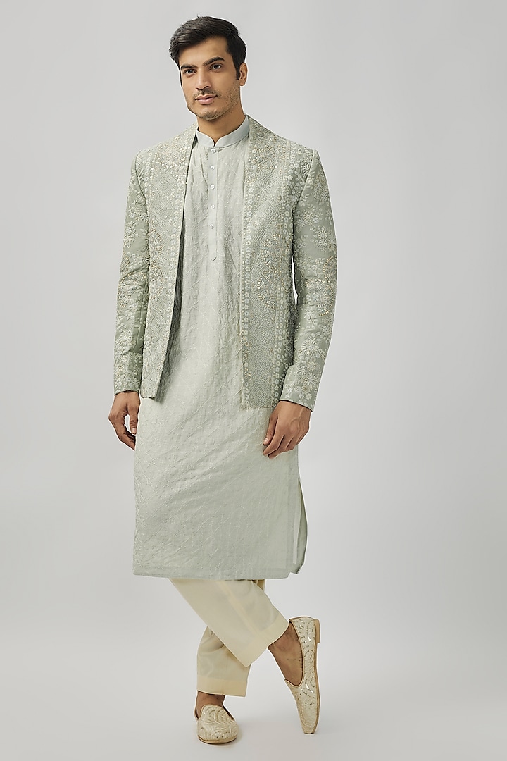 Cadet Blue Mulberry Silk Zardosi & Aari Embroidered Bandhgala Set by OSAA By Adarsh Men