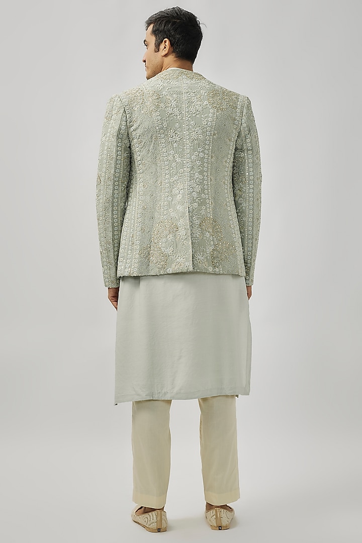 Cadet Blue Mulberry Silk Zardosi & Aari Embroidered Groom Bandhgala Set by OSAA By Adarsh Men at Pernia's Pop Up Shop