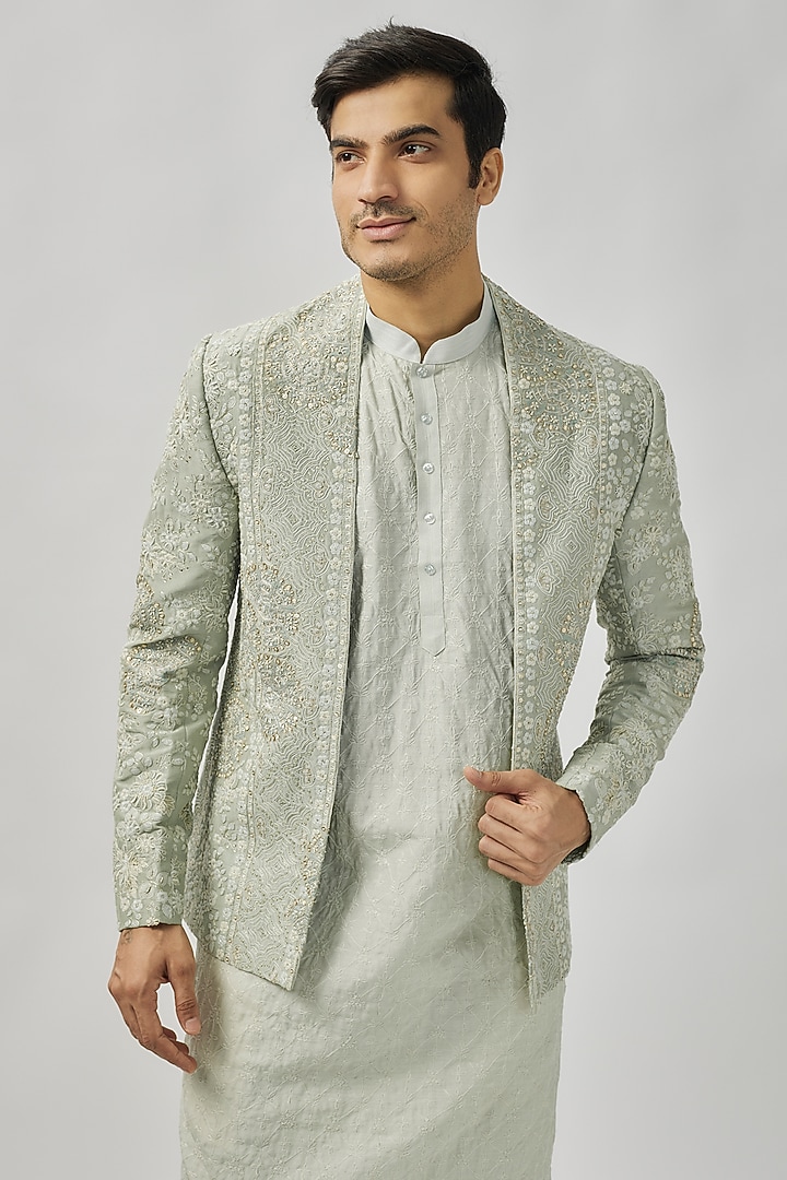 Cadet Blue Mulberry Silk Zardosi & Aari Embroidered Groom Bandhgala Set by OSAA By Adarsh Men at Pernia's Pop Up Shop