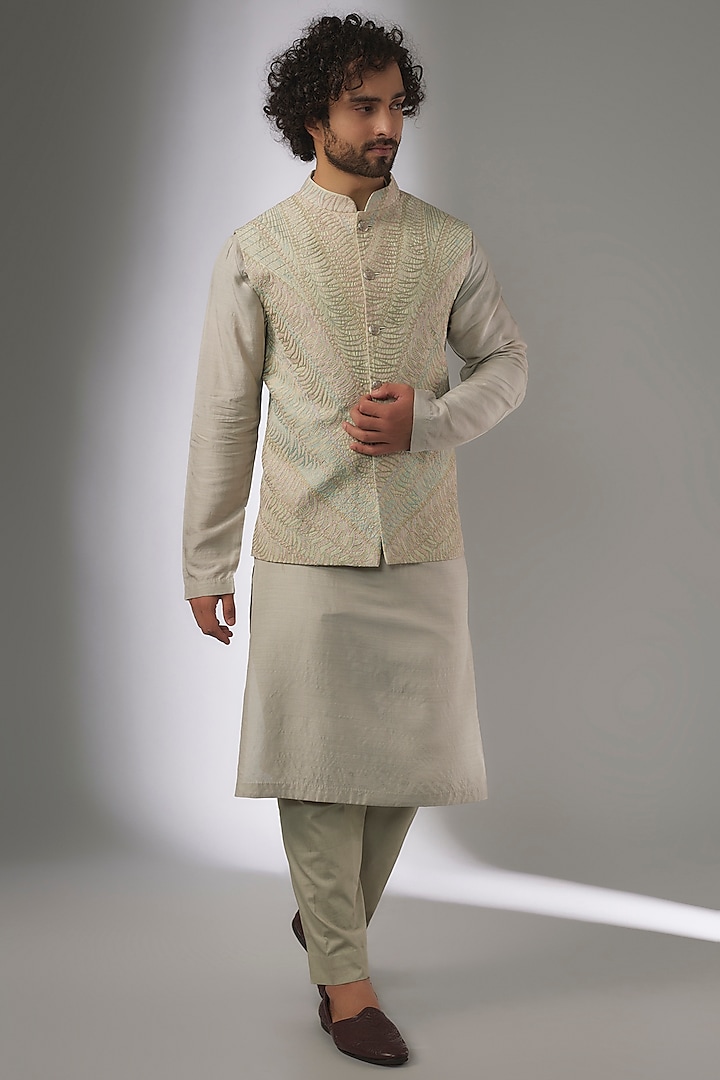 Cucumber Green Muga Silk Thread Hand Embroidered Nehru Jacket Set by OSAA By Adarsh Men