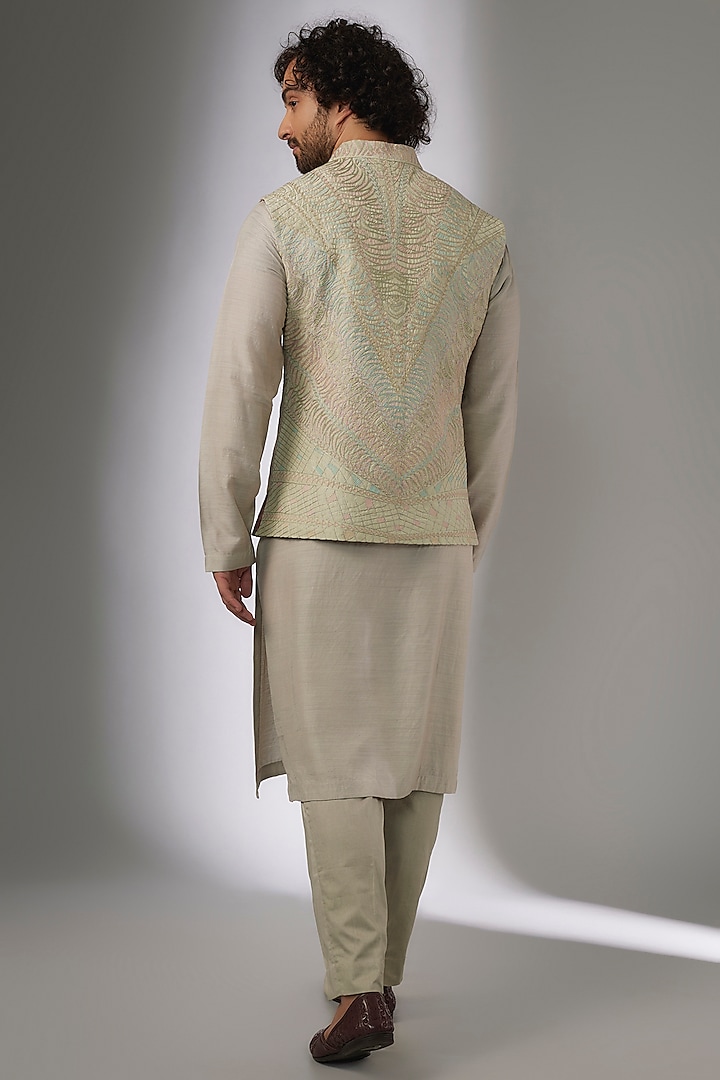 Cucumber Green Muga Silk Thread Hand Embroidered Nehru Jacket Set by OSAA By Adarsh Men at Pernia's Pop Up Shop