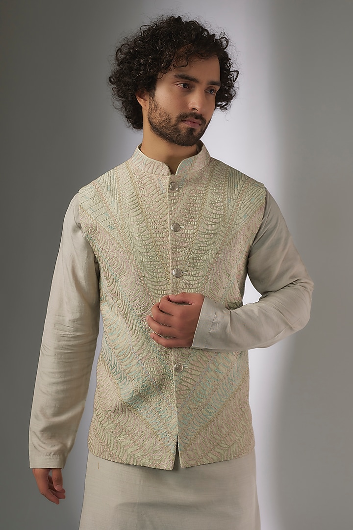 Cucumber Green Muga Silk Thread Hand Embroidered Nehru Jacket Set by OSAA By Adarsh Men at Pernia's Pop Up Shop