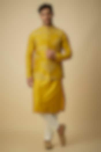 Yellow Raw Silk & Moonga Silk Bundi Jacket Set by OSAA By Adarsh Men