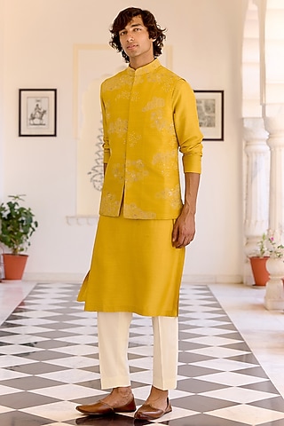 Honey Gold Raw Silk Zardosi Embroidered Nehru Jacket Set by OSAA By Adarsh Men