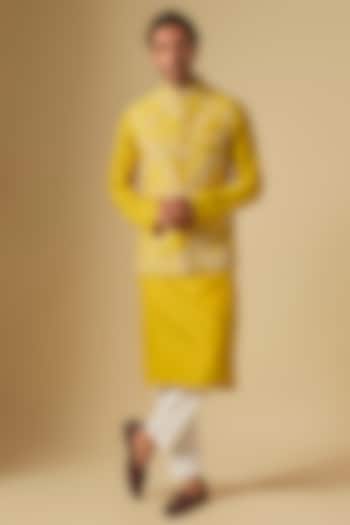 Yellow Raw Silk Aari Embroidered Nehru Jacket Set by OSAA By Adarsh Men
