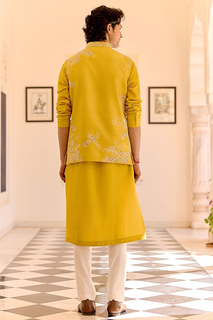 Acid Yellow Raw Silk Zardosi Embroidered Nehru Jacket Set by OSAA By Adarsh Men at Pernia's Pop Up Shop