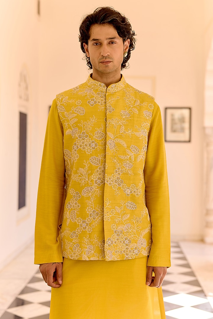 Acid Yellow Raw Silk Zardosi Embroidered Nehru Jacket Set by OSAA By Adarsh Men at Pernia's Pop Up Shop