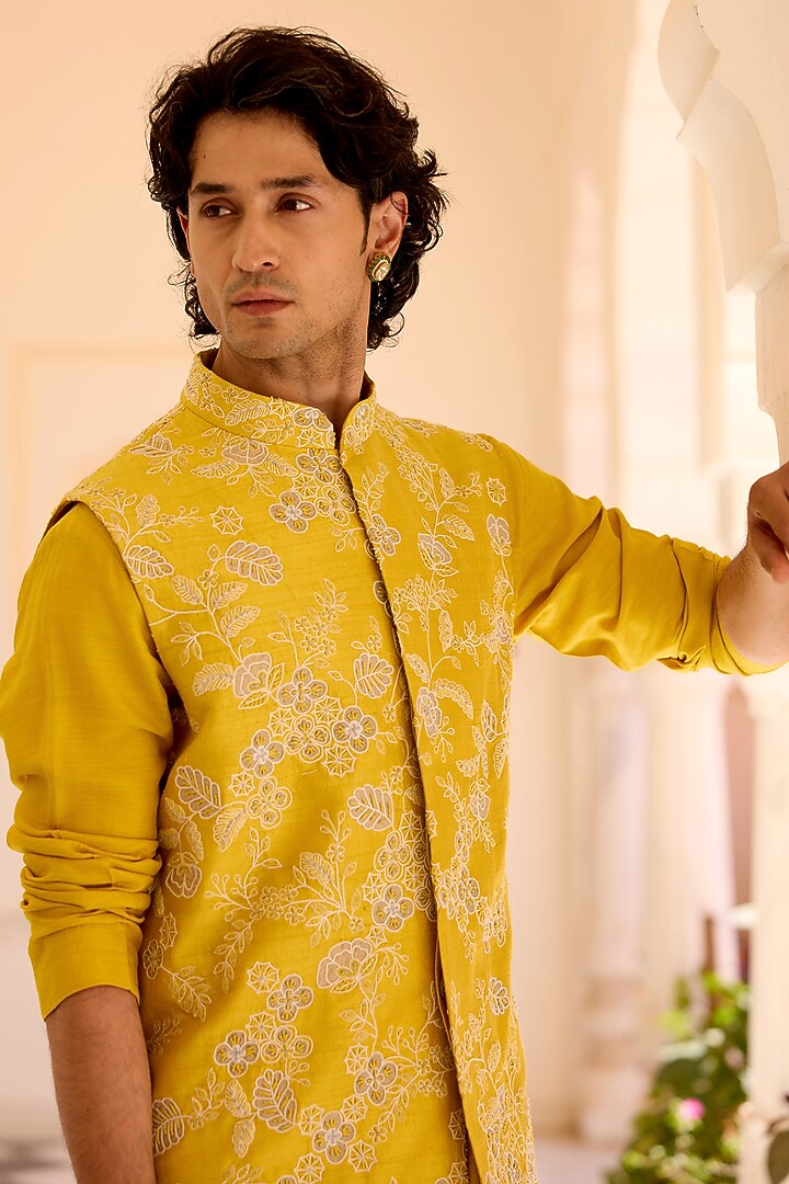 Acid Yellow Raw Silk Zardosi Embroidered Nehru Jacket Set by OSAA By Adarsh Men at Pernia's Pop Up Shop