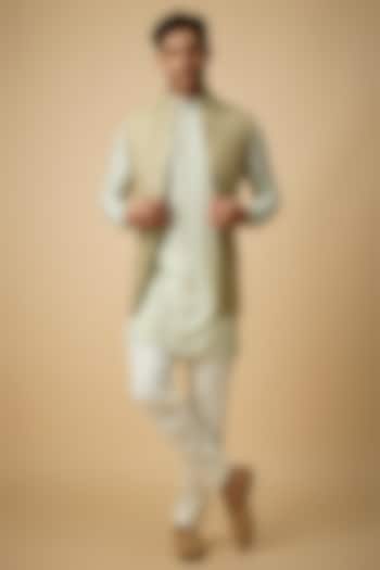 Light Sage Raw Silk & Moonga Silk Bundi Jacket Set by OSAA By Adarsh Men