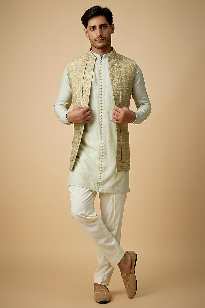 Light Sage Raw Silk & Moonga Silk Bundi Jacket Set by OSAA By Adarsh Men