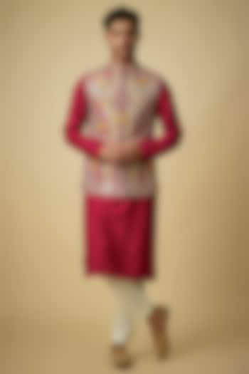 Ruby Raw Silk & Moonga Silk Bundi Jacket Set by OSAA By Adarsh Men