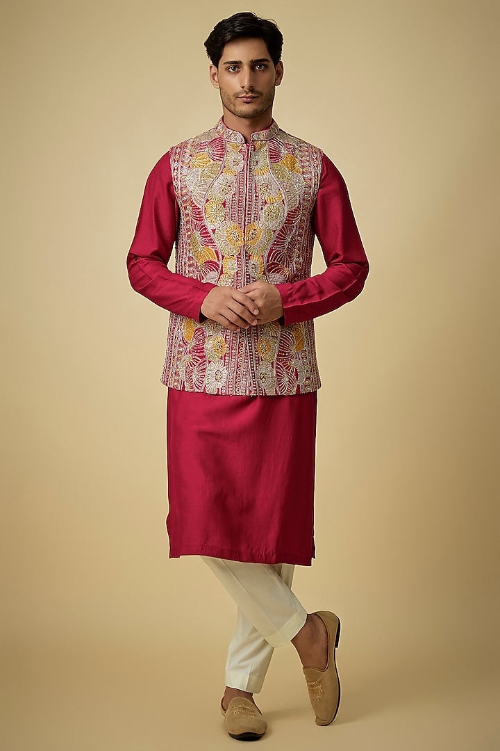 Ruby Raw Silk & Moonga Silk Bundi Jacket Set by OSAA By Adarsh Men