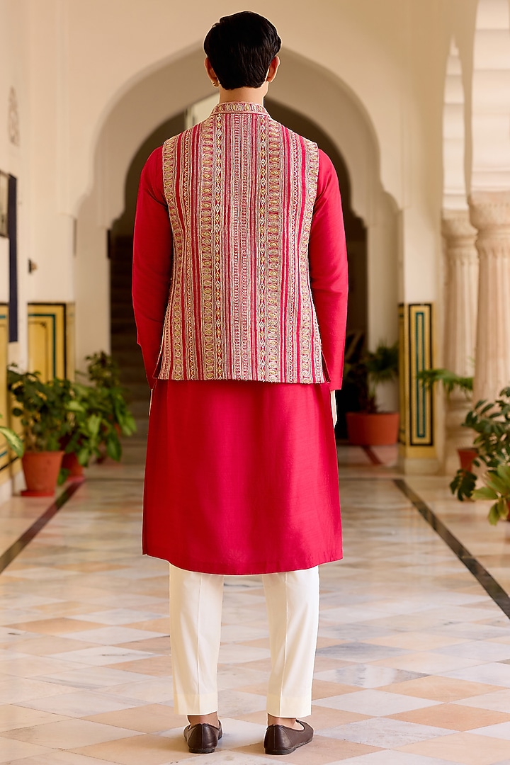 Cut Ruby Raw Silk Zardosi Embroidered Nehru Jacket Set by OSAA By Adarsh Men at Pernia's Pop Up Shop