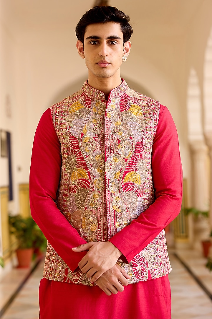 Cut Ruby Raw Silk Zardosi Embroidered Nehru Jacket Set by OSAA By Adarsh Men at Pernia's Pop Up Shop