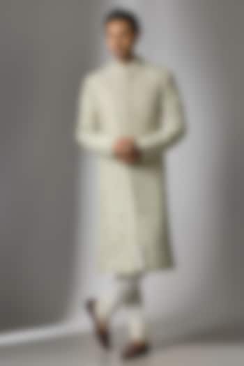 Dusty Olive Mulberry Silk Sherwani Set by OSAA By Adarsh Men