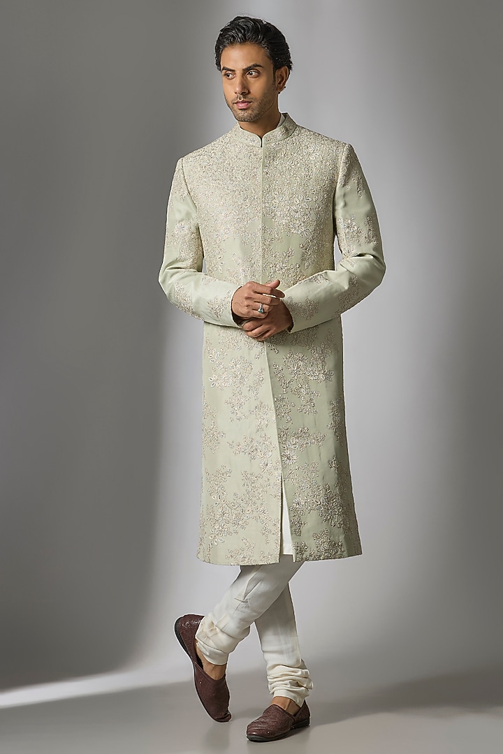 Dusty Olive Mulberry Silk Sherwani Set by OSAA By Adarsh Men
