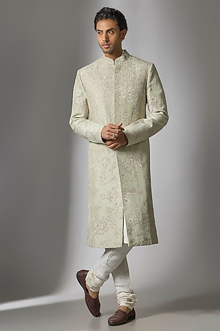 Dusty Olive Mulberry Silk Sherwani Set by OSAA By Adarsh Men