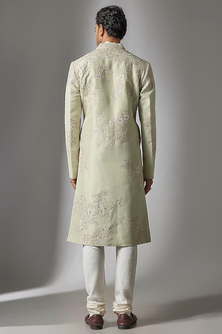 Dusty Olive Mulberry Silk Sherwani Set by OSAA By Adarsh Men at Pernia's Pop Up Shop