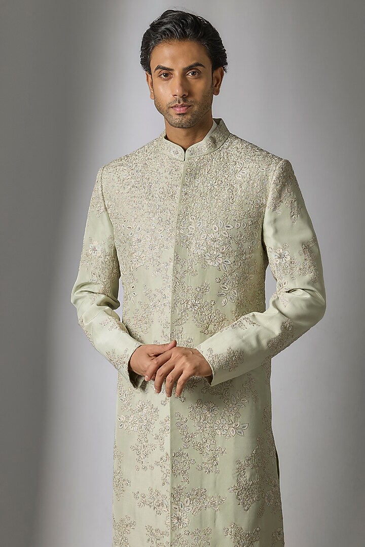 Dusty Olive Mulberry Silk Sherwani Set by OSAA By Adarsh Men at Pernia's Pop Up Shop