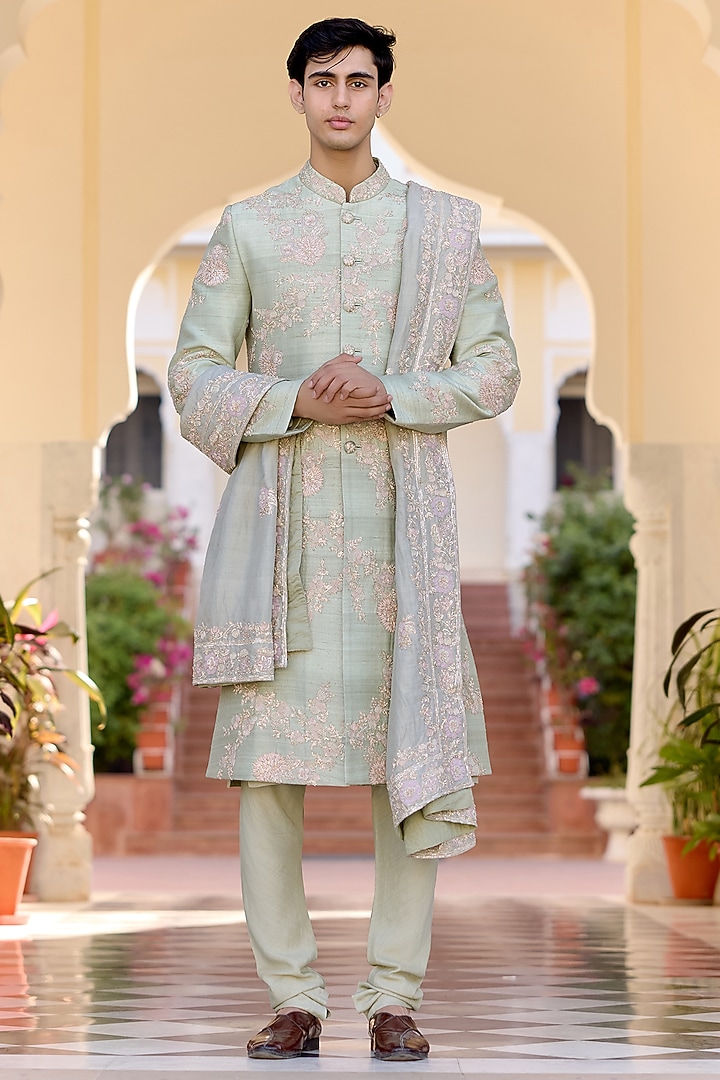 Sage Green Raw Silk Zardosi Embroidered Sherwani Set by OSAA By Adarsh Men