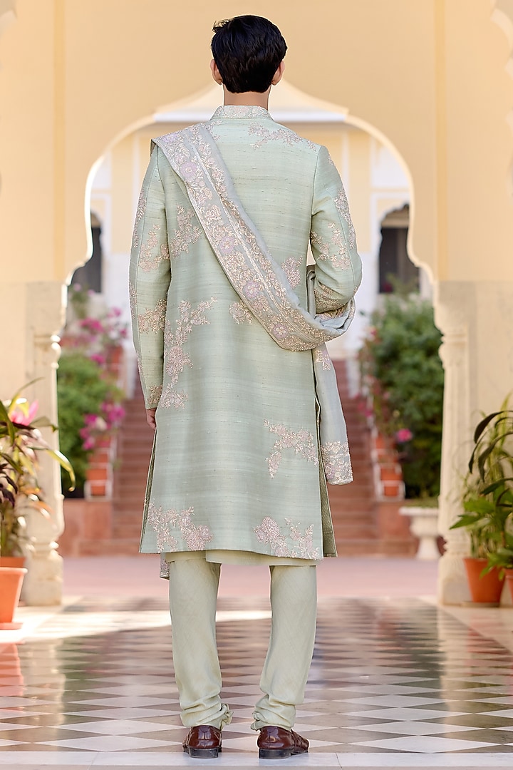Sage Green Raw Silk Zardosi Embroidered Groom Sherwani Set by OSAA By Adarsh Men at Pernia's Pop Up Shop