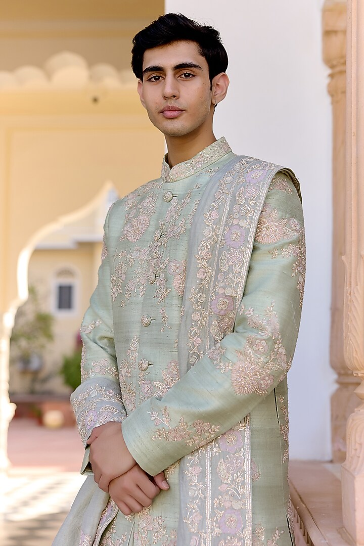 Sage Green Raw Silk Zardosi Embroidered Groom Sherwani Set by OSAA By Adarsh Men at Pernia's Pop Up Shop