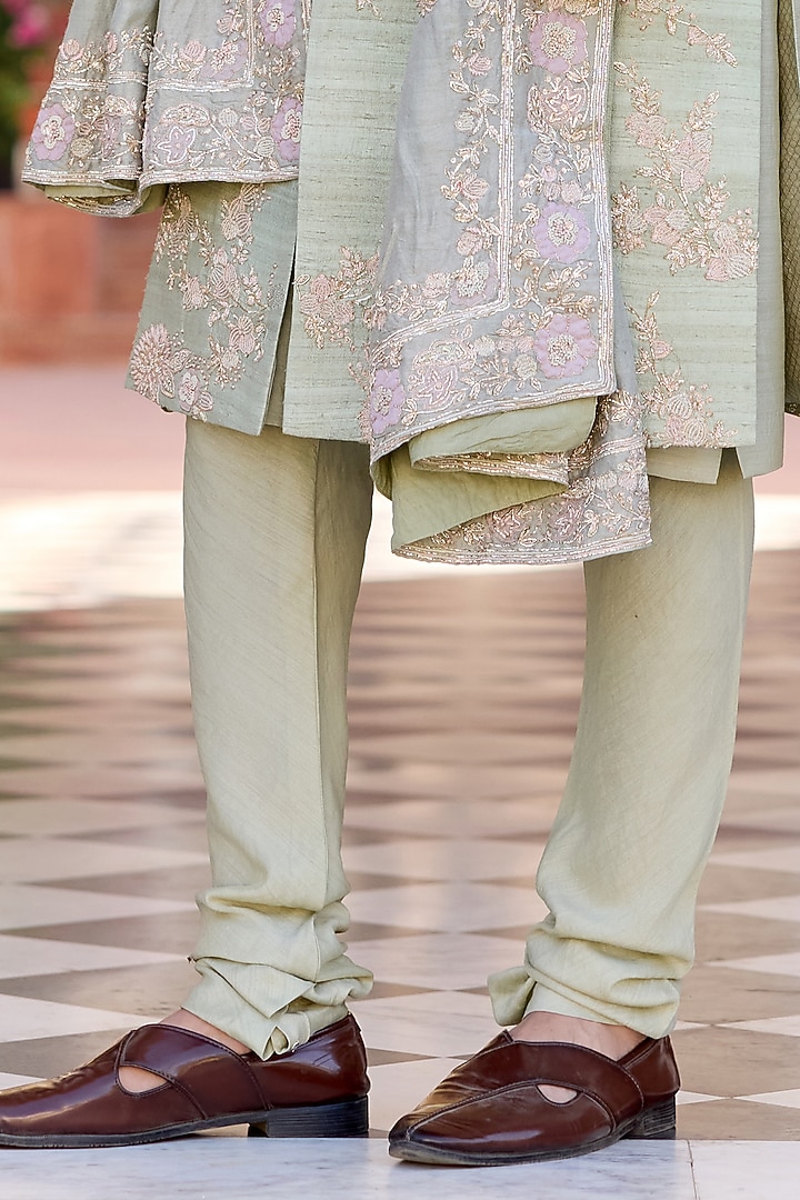 Sage Green Raw Silk Zardosi Embroidered Groom Sherwani Set by OSAA By Adarsh Men at Pernia's Pop Up Shop