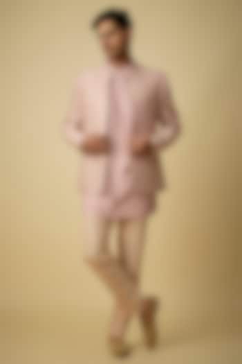 Camellia Pink Raw Silk & Moonga Silk Bundi Jacket Set by OSAA By Adarsh Men