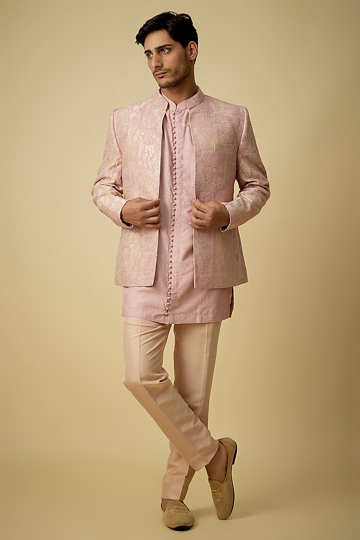 Camellia Pink Raw Silk & Moonga Silk Bundi Jacket Set by OSAA By Adarsh Men