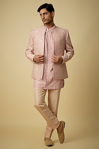 Camellia Pink Moonga Silk Banarasi Weave Bandhgala Set by OSAA By Adarsh Men