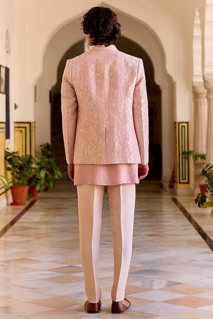 Camellia Pink Moonga Silk Banarasi Weave Groom Bandhgala Set by OSAA By Adarsh Men at Pernia's Pop Up Shop