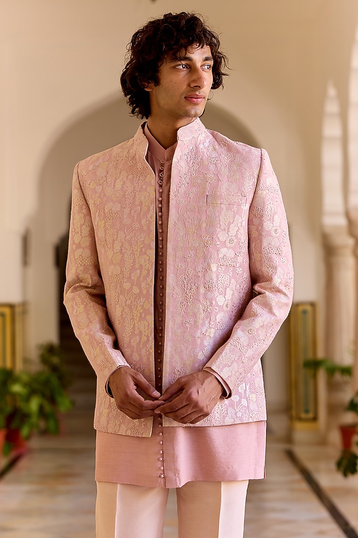 Camellia Pink Moonga Silk Banarasi Weave Groom Bandhgala Set by OSAA By Adarsh Men at Pernia's Pop Up Shop