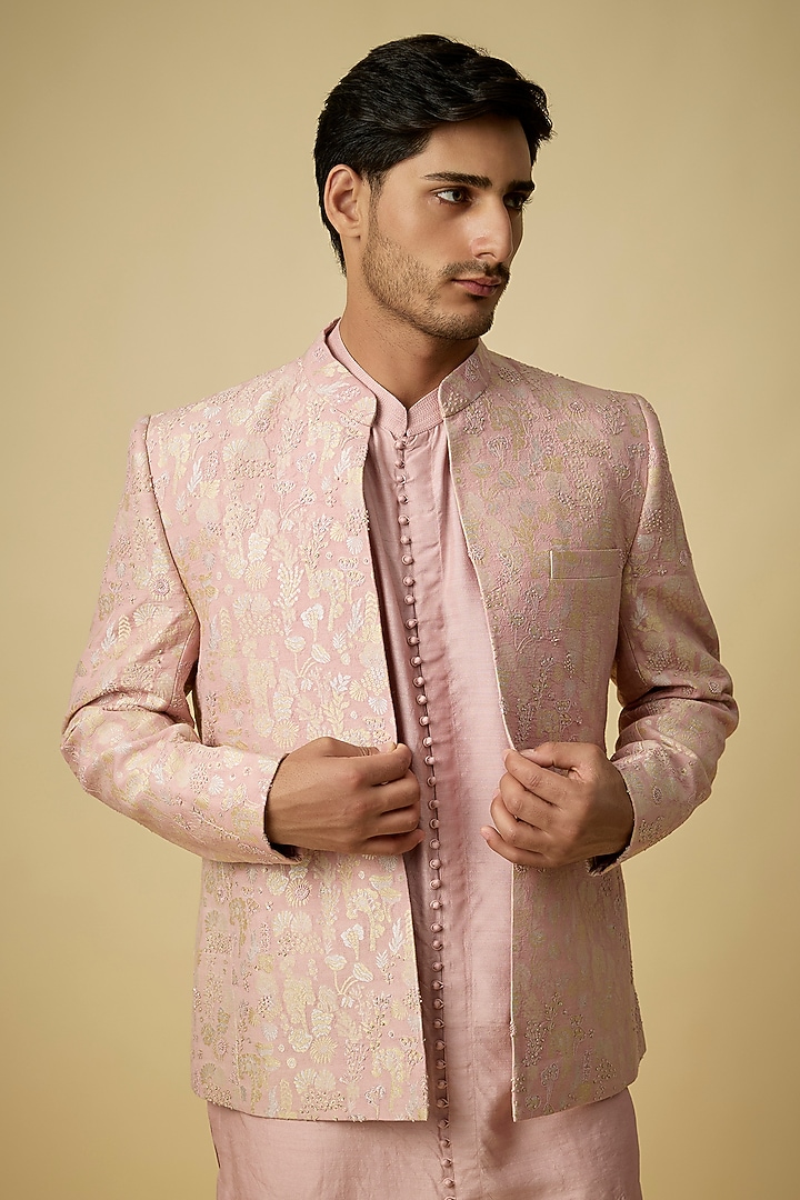 Camellia Pink Moonga Silk Banarasi Weave Groom Bandhgala Set by OSAA By Adarsh Men at Pernia's Pop Up Shop