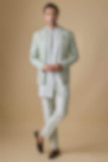 Cadet Blue Muga Silk Indowestern Set by OSAA By Adarsh Men