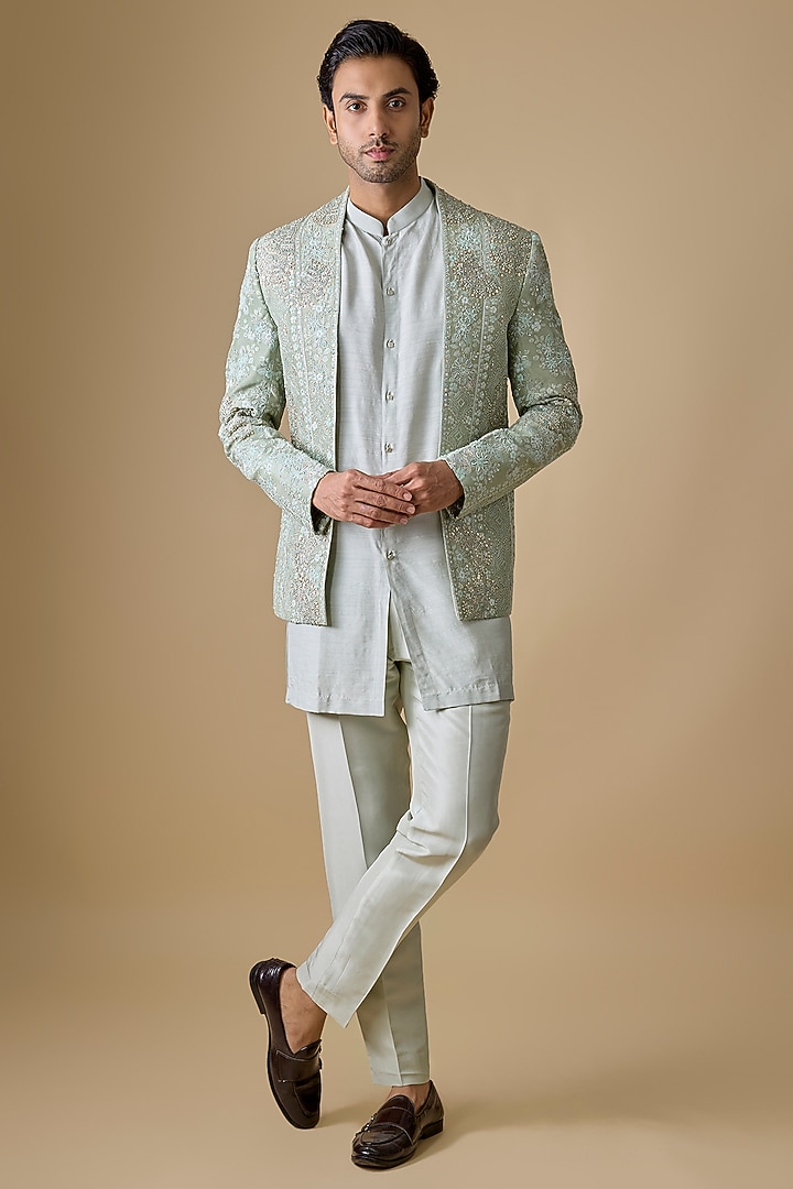 Cadet Blue Muga Silk Indowestern Set by OSAA By Adarsh Men