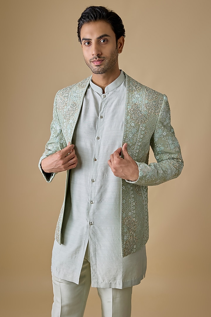Cadet Blue Muga Silk Indowestern Set by OSAA By Adarsh Men at Pernia's Pop Up Shop