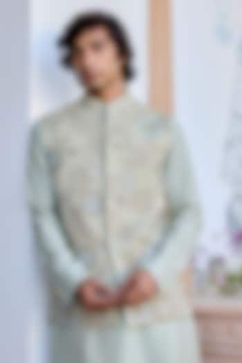 Sage Green Linen Satin Bundi Jacket Set by OSAA By Adarsh Men at Pernia's Pop Up Shop