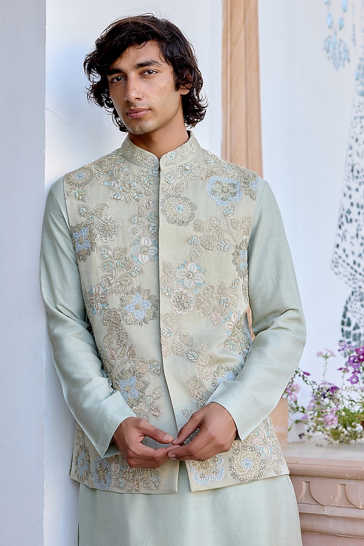 Sage Green Linen Satin Bundi Jacket Set by OSAA By Adarsh Men at Pernia's Pop Up Shop