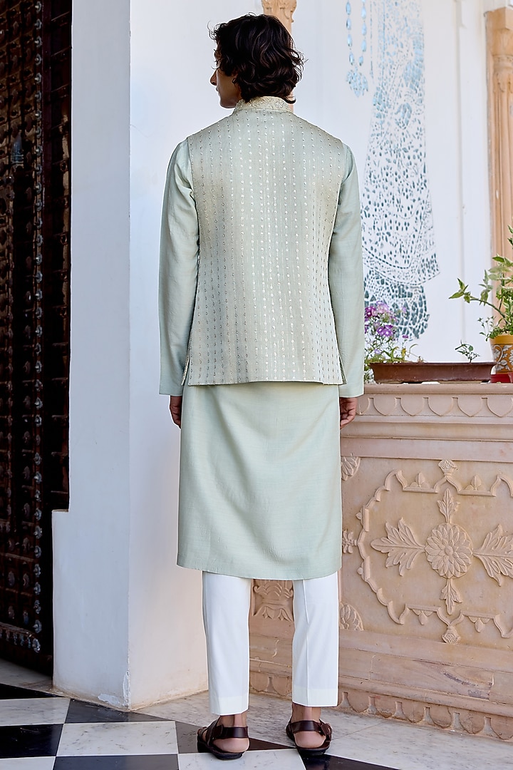 Sage Green Linen Satin Bundi Jacket Set by OSAA By Adarsh Men at Pernia's Pop Up Shop