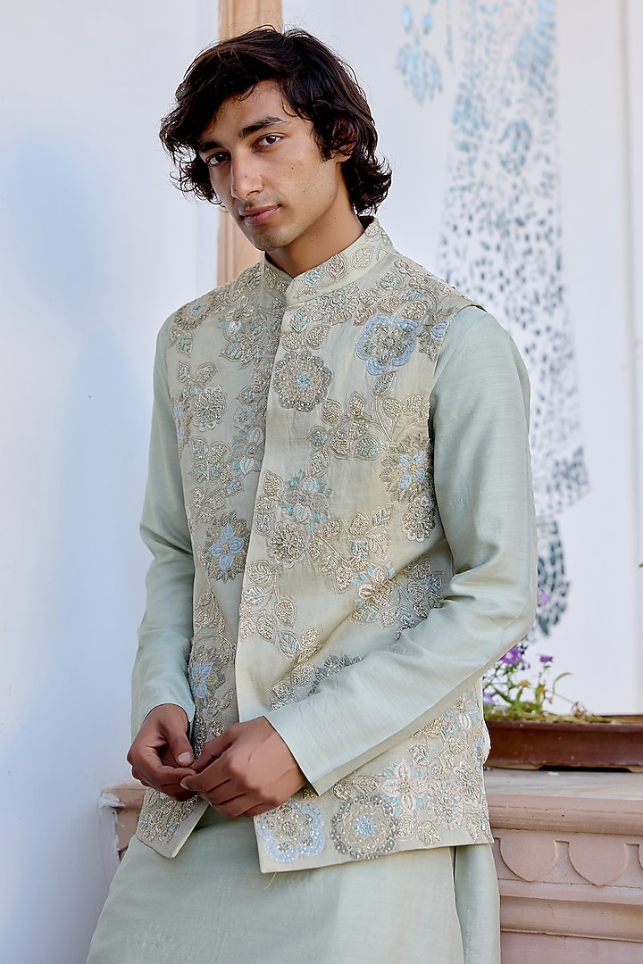 Sage Green Linen Satin Bundi Jacket Set by OSAA By Adarsh Men at Pernia's Pop Up Shop